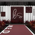Banquet Hall With Circular Stage Red Carpet White Chairs Crystal Chandeliers And Backdrop Decor