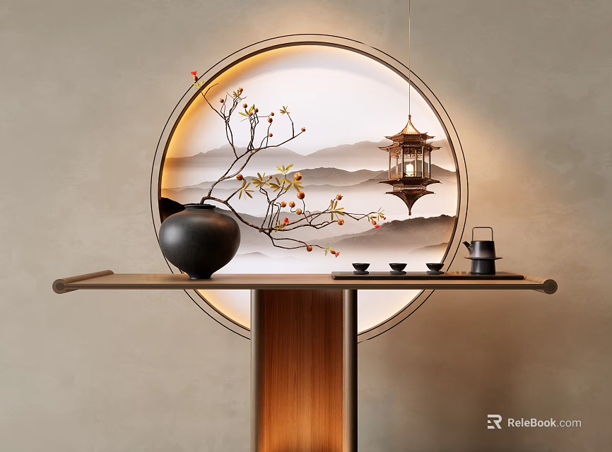 Chinese Zen Console Table With Circular Mountain Landscape Backdrop Tree Branch Lantern And Tea Set 3d model 