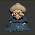 Cartoon Style Game Movie Character Old Woman With Blonde Curly Hair Blue Dress And Cane