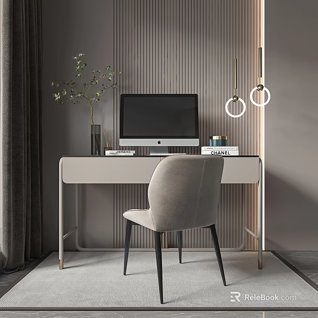 Modern Minimalist Home Office Desk With Computer Monitor Chair Striped Wall And Pendant Lights 3d model 