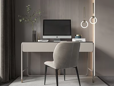 Modern Minimalist Home Office Desk With Computer Monitor Chair Striped Wall And Pendant Lights 3d model