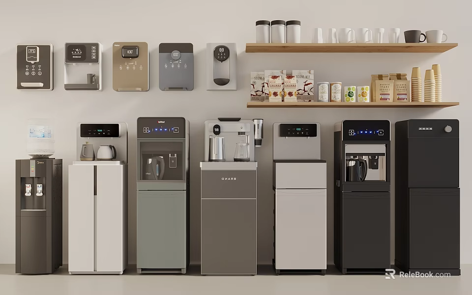 Modern Household Electrical Appliances Including Water Dispensers And Wall Mounted Devices In Various Colors 3d model 
