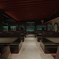 Modern Restaurant Interior With Wooden Ceiling Warm Lighting And Striped Partitions