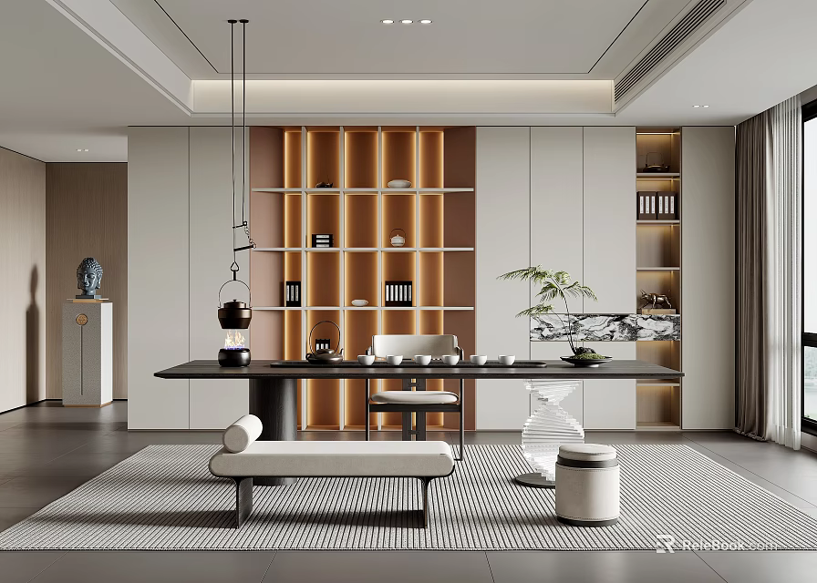 Modern Tea Room Interior Design With Long Wooden Table Tea Sets Shelves And Hanging Lamp 3d model 