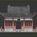 Traditional Ancient Chinese Architecture Featuring Gray Tiled Roof Overhanging Eaves and Red Doors