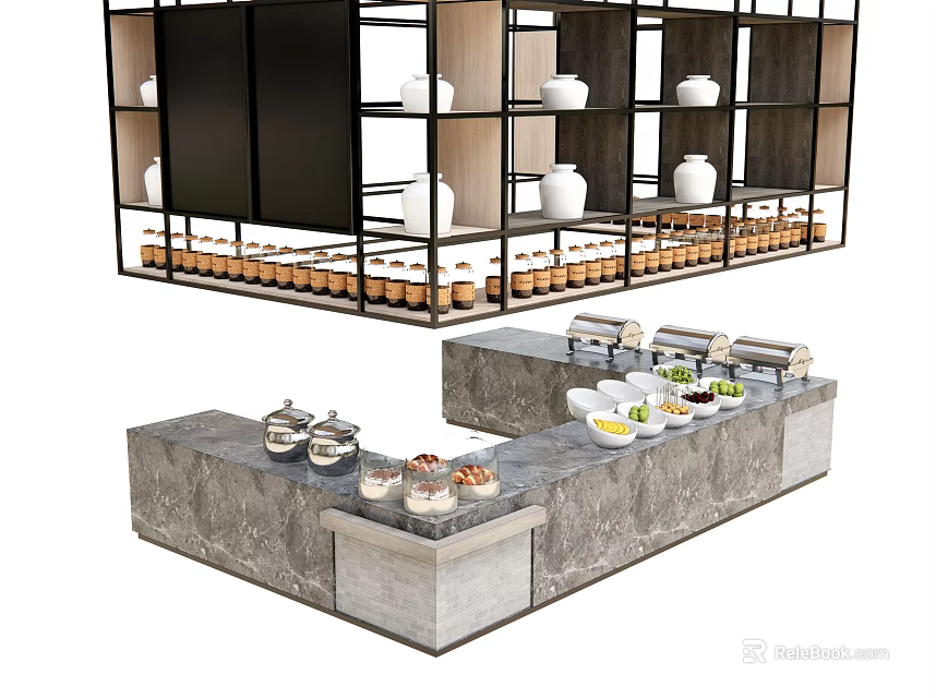 Modern Bar Counter With Stone Top Food Dishes And White Bowls On Shelves 3d model 