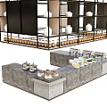 Modern Bar Counter With Stone Top Food Dishes And White Bowls On Shelves