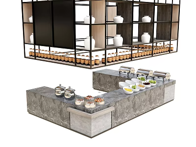 Modern Bar Counter With Stone Top Food Dishes And White Bowls On Shelves 3d model