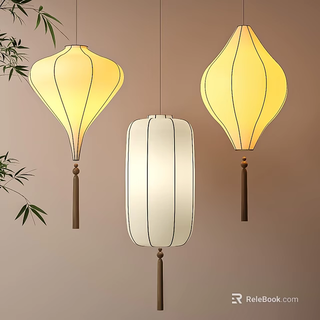 Modern Hanging Lanterns In Yellow And White With Different Shapes And Bamboo Leaves Decoration 3d model 