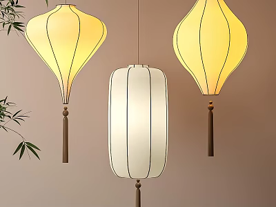 Modern Hanging Lanterns In Yellow And White With Different Shapes And Bamboo Leaves Decoration 3d model