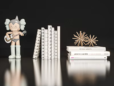 Decorative Ornament Set Including Doll Figure Holding Guitar Stacked Books And Gold Star Ornaments 3d model