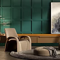 Stylish Lounge Chairs In Green Paneled Interior With Wooden Accents Artwork Round Rug And Plants
