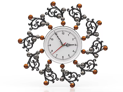 Decorative Wall Clock with Ornate Metal Scrollwork Orange Accent Balls White Dial and Black Numbers 3d model