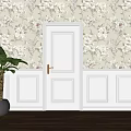 Elegant White Swing Door With Floral Wallpaper Green Plant And Wooden Floor