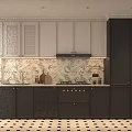 Modern Kitchen Interior With White And Black Cabinets Floral Backsplash And Stove