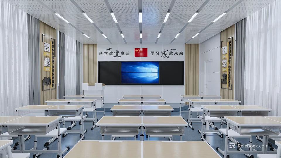 Modern School Classroom Interior With Desks Large Screen Wooden Walls And Ceiling Lights 3d model 
