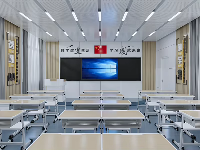 Modern School Classroom Interior With Desks Large Screen Wooden Walls And Ceiling Lights 3d model
