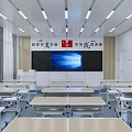 Modern School Classroom Interior With Desks Large Screen Wooden Walls And Ceiling Lights