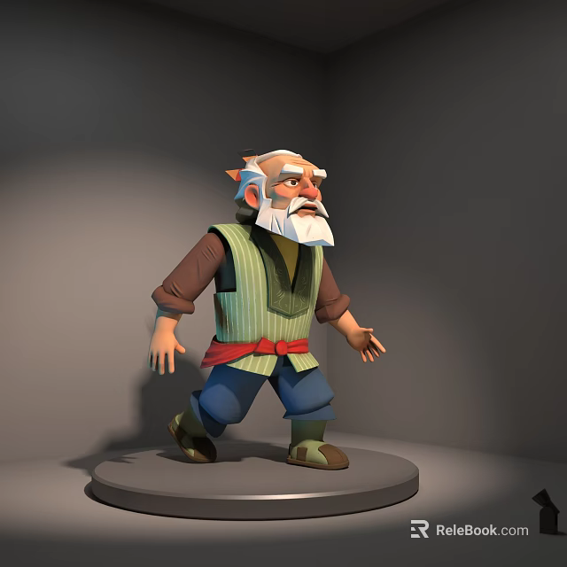 Landscape Sculpture of Elderly Figure with White Beard Green Vest Red Belt and Round Base 3d model 