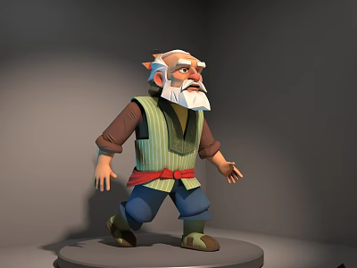 Landscape Sculpture of Elderly Figure with White Beard Green Vest Red Belt and Round Base 3d model