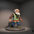 Landscape Sculpture of Elderly Figure with White Beard Green Vest Red Belt and Round Base