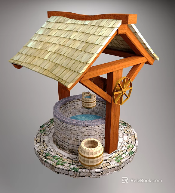 Traditional Well With Wooden Roof Frame Water Wheel Stone Well Circle And Wooden Buckets 3d model 