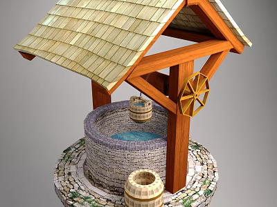 Traditional Well With Wooden Roof Frame Water Wheel Stone Well Circle And Wooden Buckets 3d model