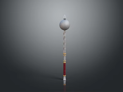 Long Shaft Decorative Weapon With Silver Sphere Top Spiral Design And Red Gold Accents 3d model