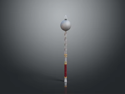 Long Shaft Decorative Weapon With Silver Sphere Top Spiral Design And Red Gold Accents 3d model