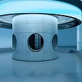 Modern Spacious Corridor With Gray Walls Long Ceiling Lights Blue Screens And Glass Railings