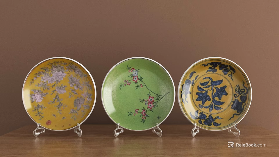 Decorative Plates with Floral Patterns Yellow Green Blue on Stands for Wooden Tabletop Decoration 3d model 
