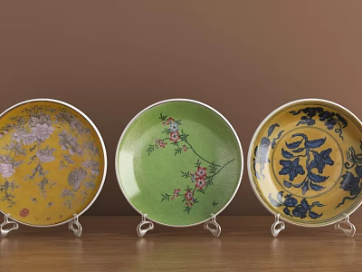 Decorative Plates with Floral Patterns Yellow Green Blue on Stands for Wooden Tabletop Decoration 3d model