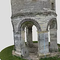 Ancient Architecture Tower With Gray Roof Stone Walls Arched Doorways And Grass