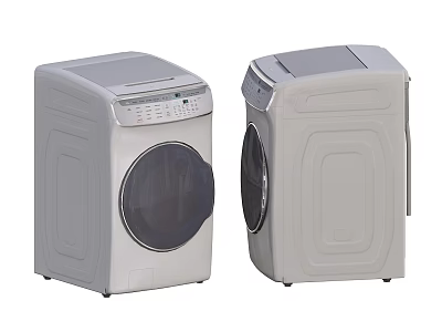 Two Modern Light Gray Washing Machines With Round Observation Window And Control Panel 3d model