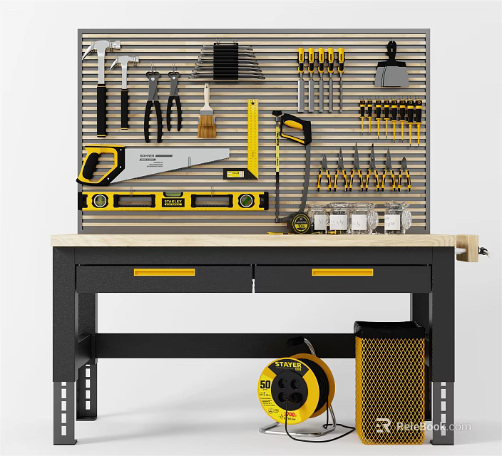 Organized Hardware Tools Workbench With Drawers Wall Mounted Tool Storage Various Wrenches Hammers And Saw 3d model