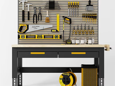 Organized Hardware Tools Workbench With Drawers Wall Mounted Tool Storage Various Wrenches Hammers And Saw 3d model