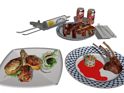 Variety of Grilled Meat Dishes with Sauces Canned Drinks and Utensils on Decorative Plates 3d model