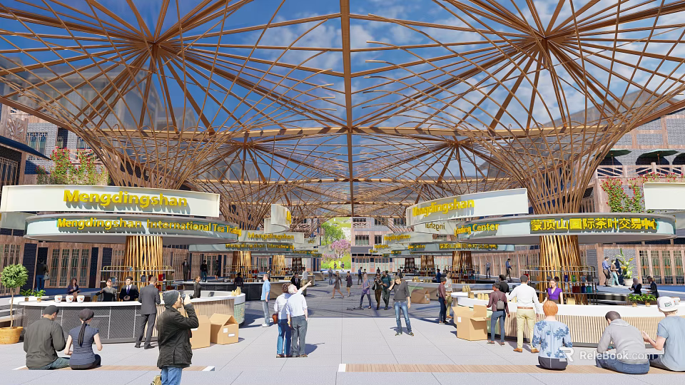 Spacious Market Hall With Wooden Dome Ceiling People Shopping And Socializing In Open Public Space 3d model 