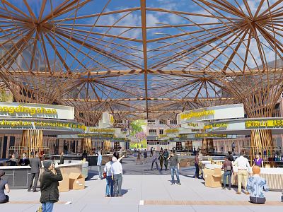 Spacious Market Hall With Wooden Dome Ceiling People Shopping And Socializing In Open Public Space 3d model