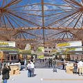 Spacious Market Hall With Wooden Dome Ceiling People Shopping And Socializing In Open Public Space
