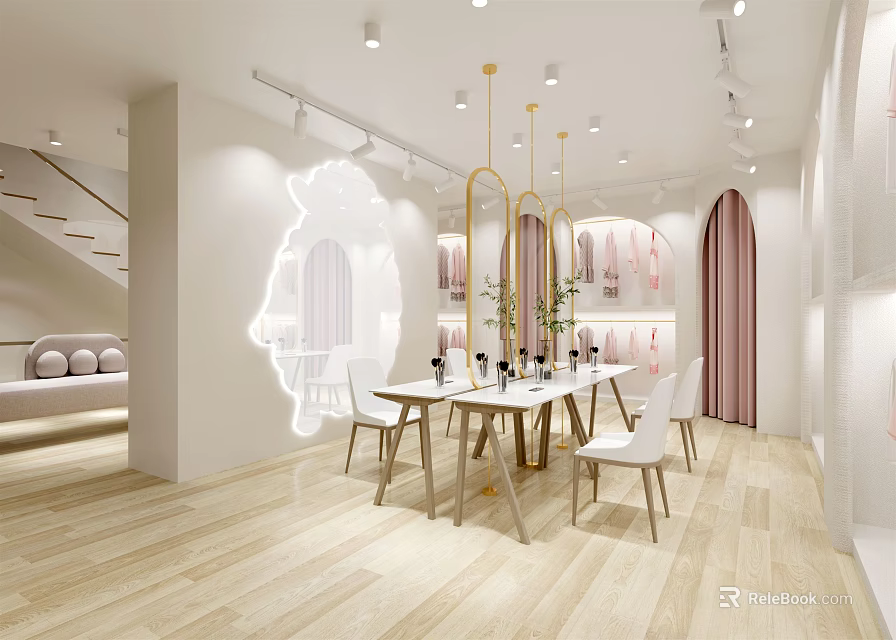 Bright Modern Interior With Wooden Floor White Dining Table Chairs Pink Curtains And Shelves 3d model 