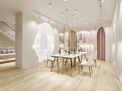 Bright Modern Interior With Wooden Floor White Dining Table Chairs Pink Curtains And Shelves 3d model