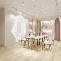 Bright Modern Interior With Wooden Floor White Dining Table Chairs Pink Curtains And Shelves