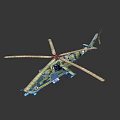 Detailed Green And Blue Helicopter Model With Rotors On Gray Background