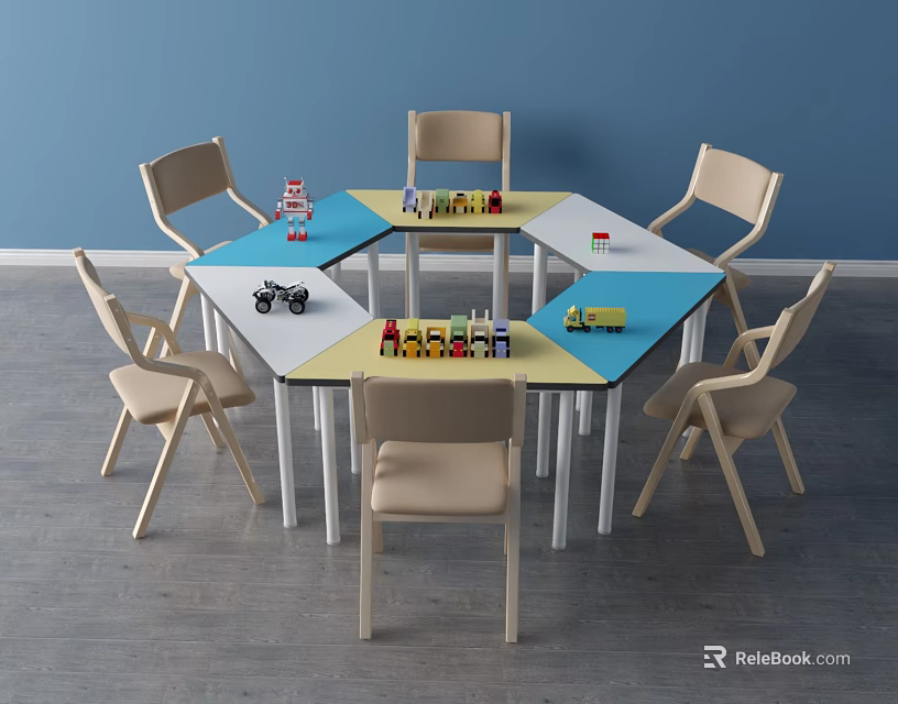 Kids Hexagonal Table and Chair Set With Colorful Tabletop and Six Chairs 3d model 