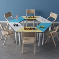 Kids Hexagonal Table and Chair Set With Colorful Tabletop and Six Chairs