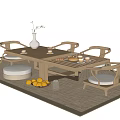 Natural Wooden Tea Table and Chairs with Tea Set Vase Cushion and Fruits on Rug