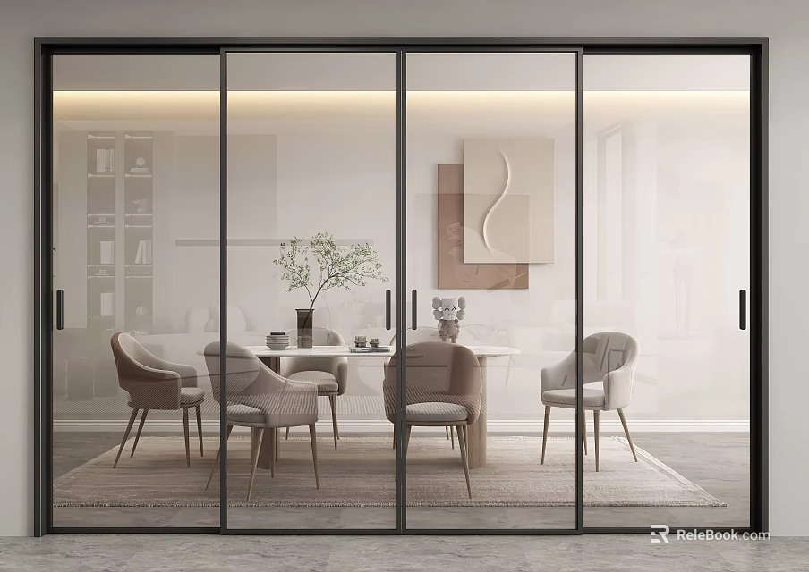 Black Framed Glass Sliding Doors In Modern Dining Room With Table Chairs And Wall Art 3d model 