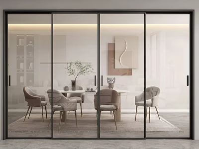 Black Framed Glass Sliding Doors In Modern Dining Room With Table Chairs And Wall Art 3d model