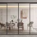 Black Framed Glass Sliding Doors In Modern Dining Room With Table Chairs And Wall Art